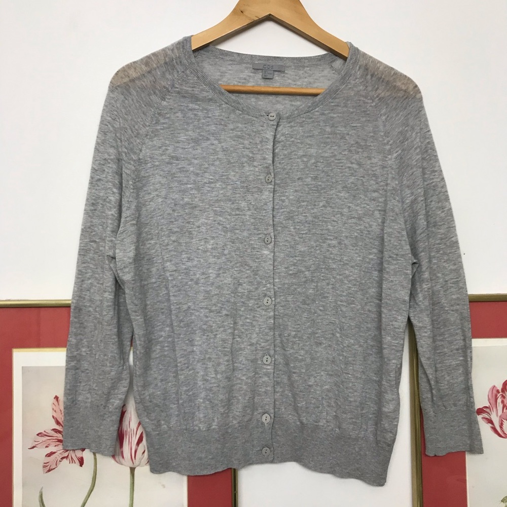 COS L Cotton Cardigan Grey Gray Large Sheer Thin